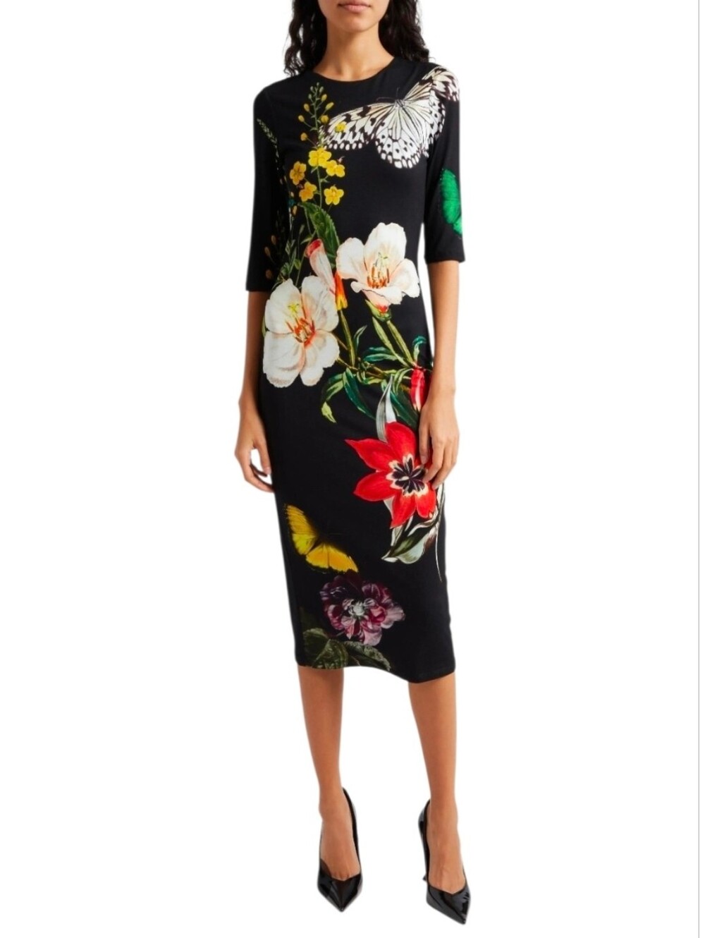 Alice + Olivia Delora Butterfly Floral Print Jersey Stretch Midi Dress. Size 6
